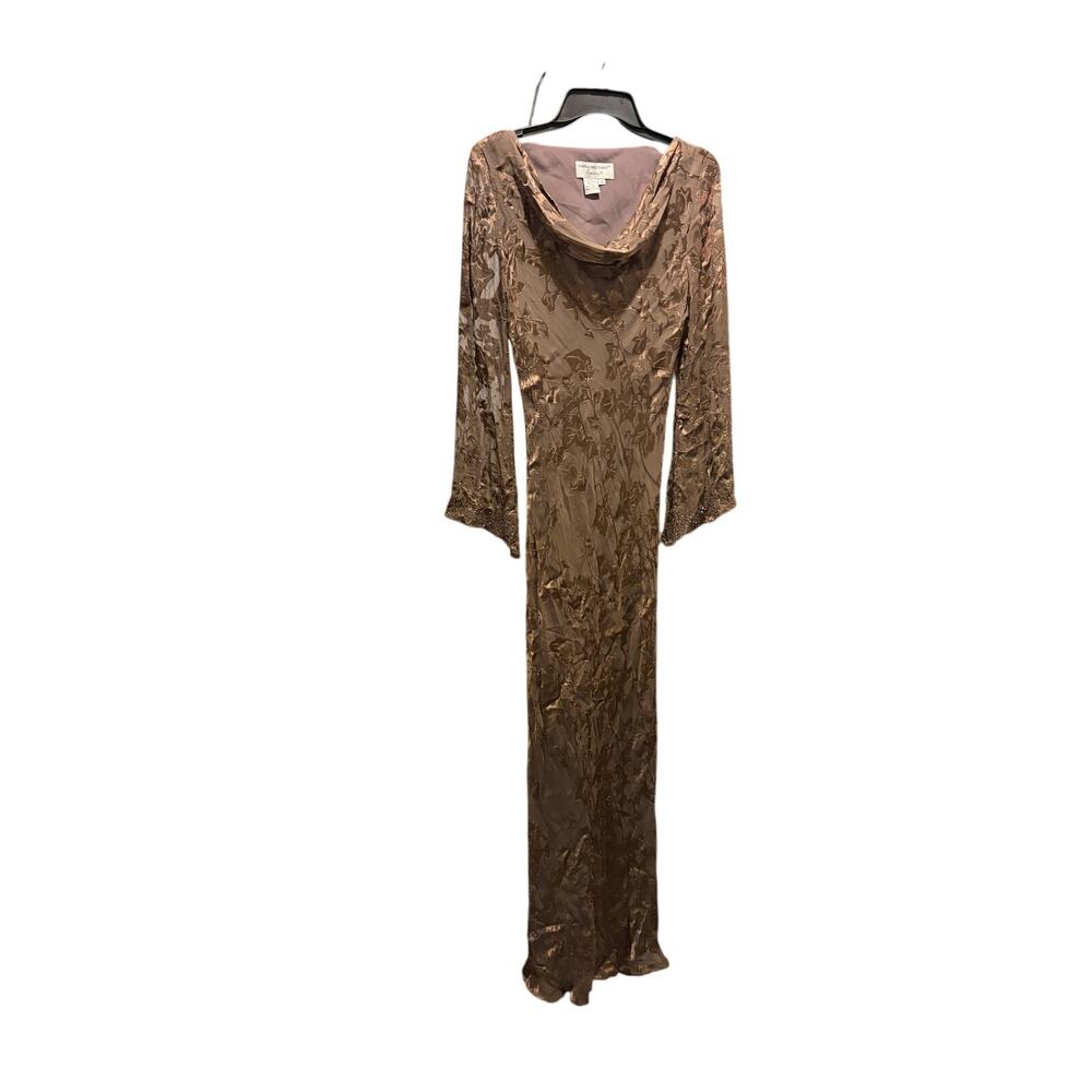 Papell Boutique Evening Foil Velvet Burnout Cowl Neck Long Dress Brown Women 8